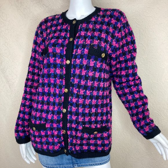 Emma Camusso Vintage Wool Chunky Knit Cardigan Pink Black Purple XL - Picture 1 of 14